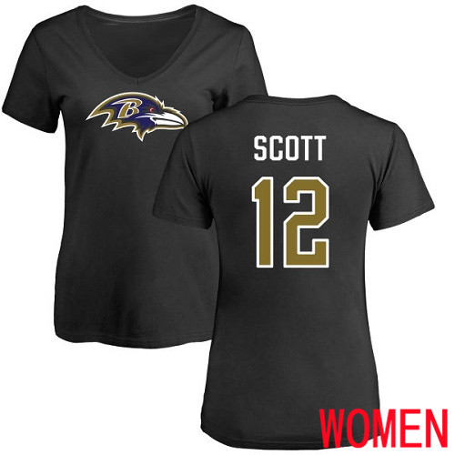 Baltimore Ravens Black Women Jaleel Scott Name and Number Logo NFL Football #12 T Shirt->baltimore ravens->NFL Jersey